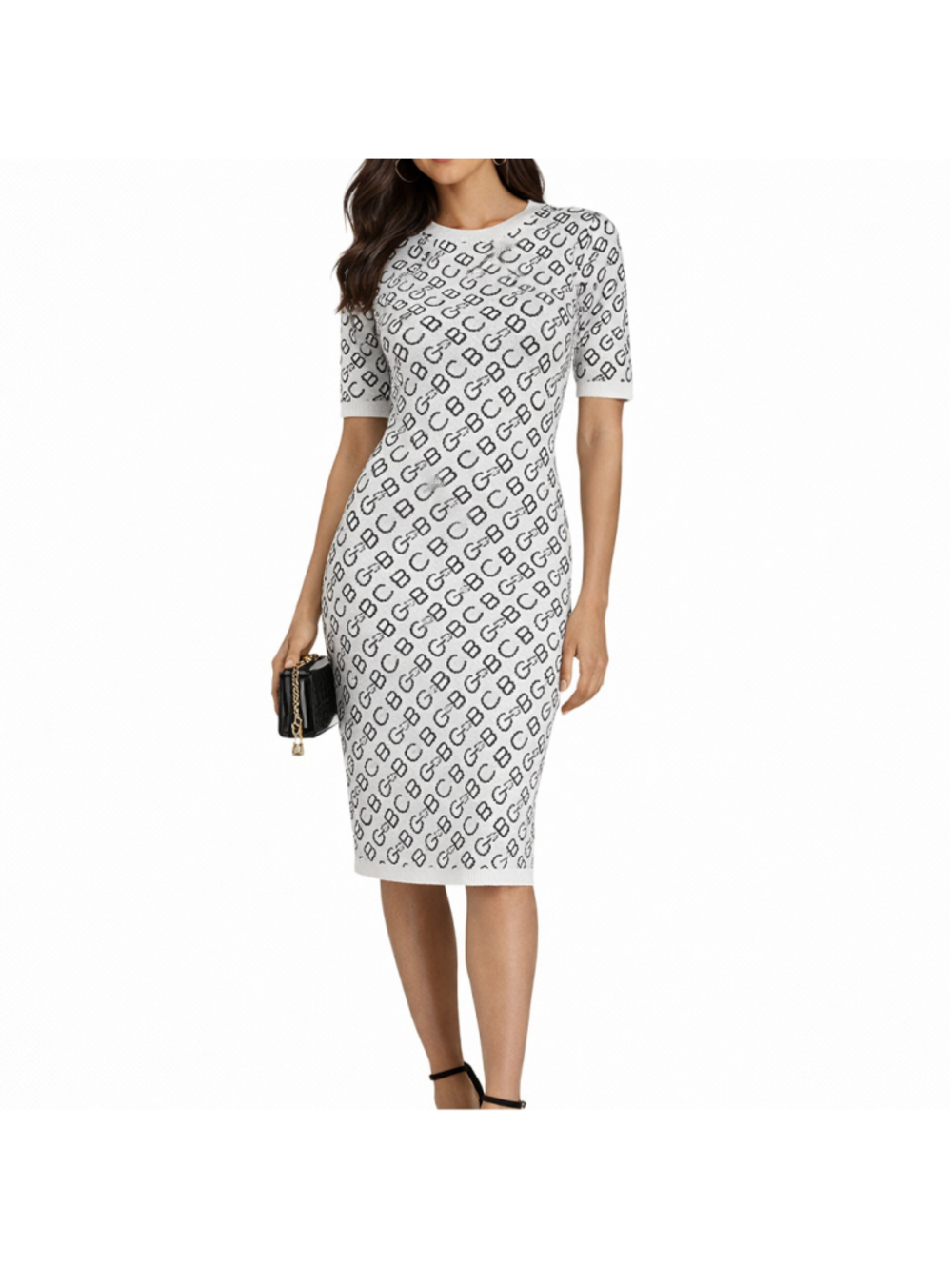 BCBG White Black Logo Knit Midi Dress L NWT